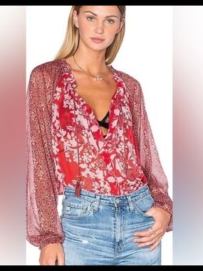 Free People Red Floral Peasant Top